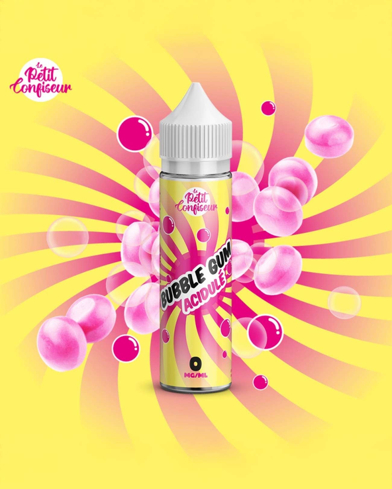 E-liquide grand format Le Petit Confiseur Bubble Gum Acidulé gôut bubble gum rose sucré