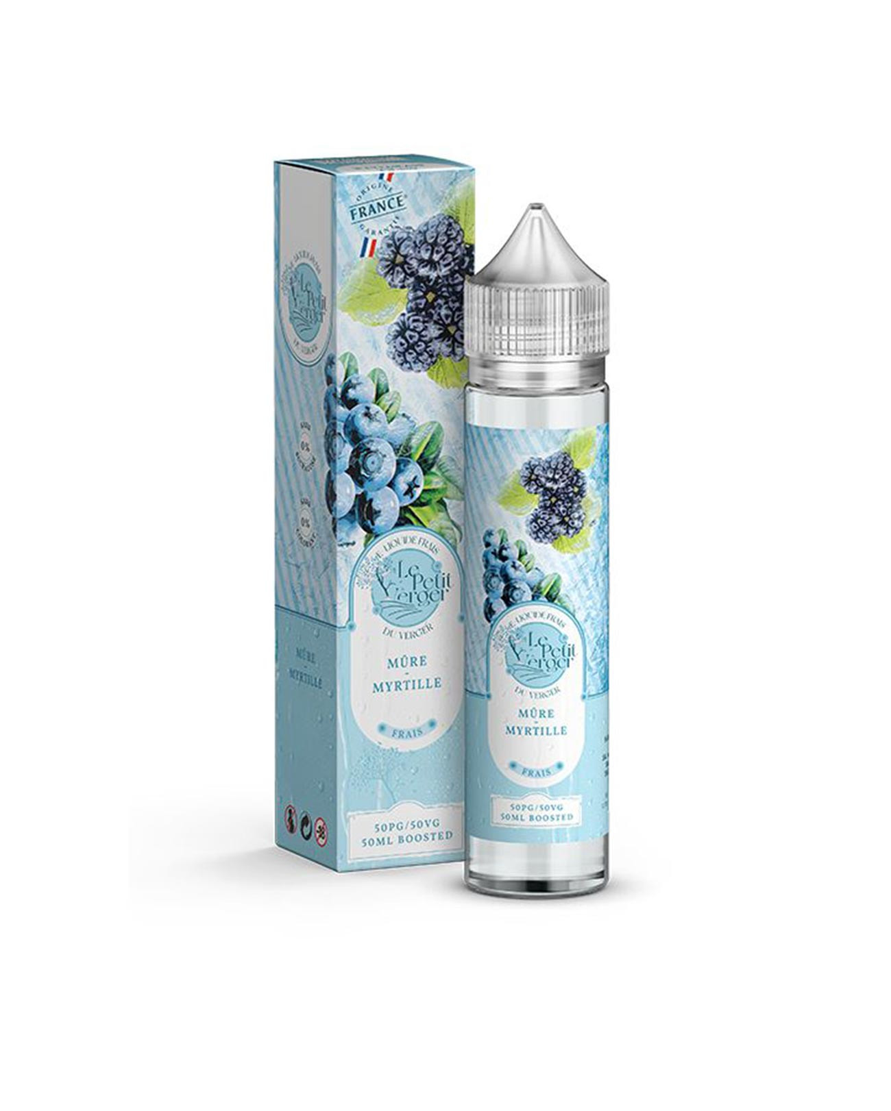 E-liquide grand format Mûre Myrtille Le Petit Verger avec son emballage cartonné